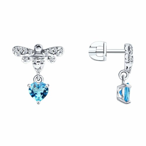 фото Серьги diamant online, серебро, 925 проба, родирование, топаз, фианит, длина 1.6 см, , голубой