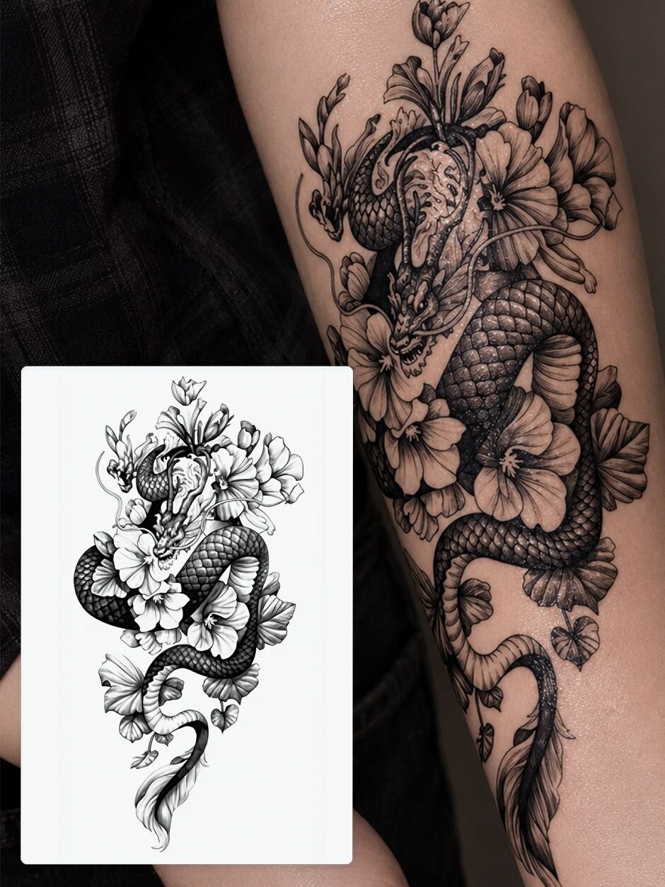 Tattoo'шки Временная тату "Змея и цветы" 12*21см