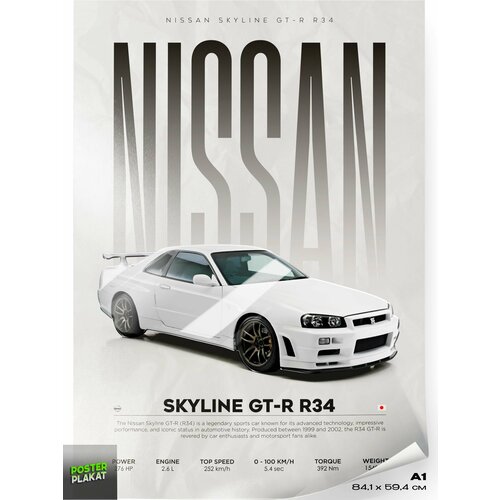 Постер на стену с машинами, Nissan Skyline R34 GT-R, японский авто Ниссан Скайлайн Р34, для интерьера, А1 (85 х 60 см), Постер Плакат