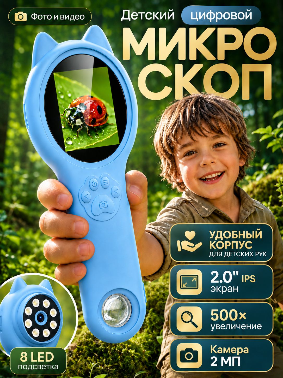 Микроскоп детский лупа, с увеличением и подсветкой, 2 дюйма экран, подарок