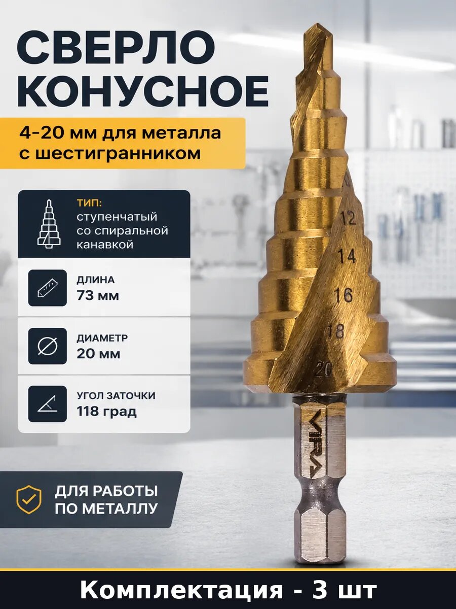 Сверло ступенчатое спиральное 4-20 мм 6.35 мм хвостовик 3 шт