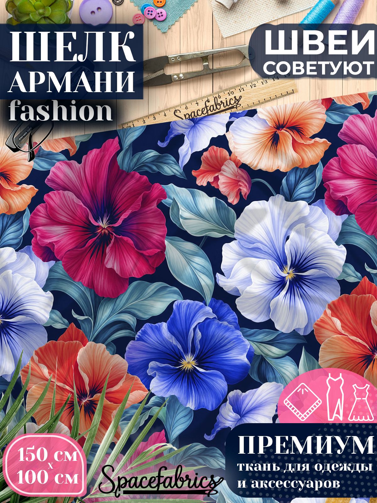 Ткань для шитья шелк Армани, искусственный шелк для костюмов, платьев, юбок с принтом Анютины глазки
