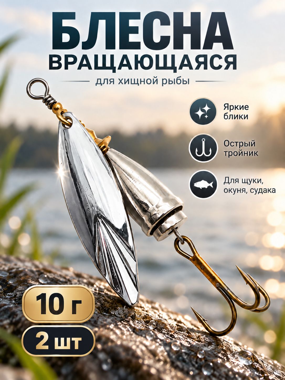 Блесна вращающаяся рыболовная 10 г, 78 мм, серебристая, с тройным крючком, приманка на щуку, окуня и судака, 2 шт