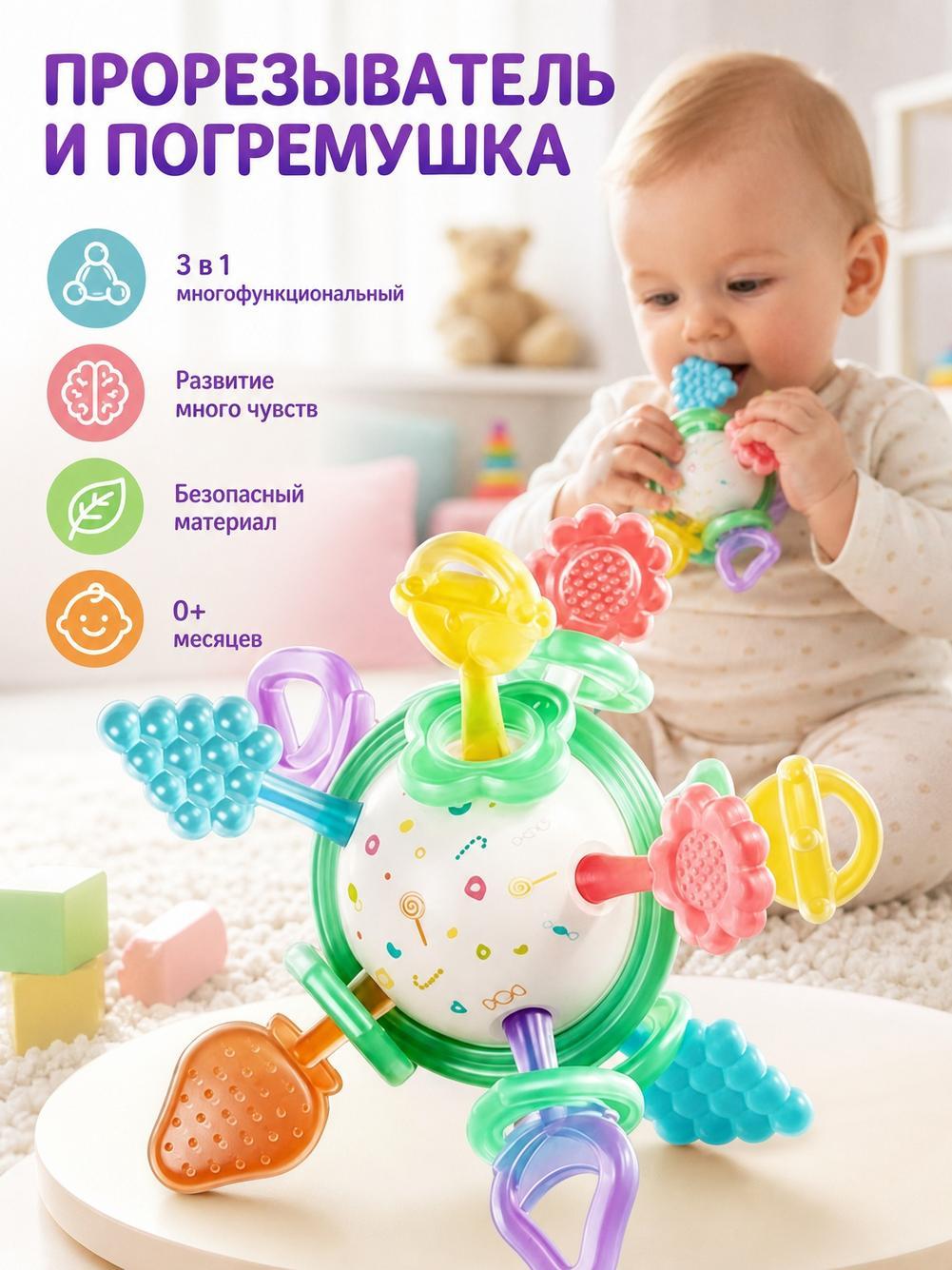 Грызунок прорезыватель, погремушка, для новорожденных 0-12 месяцев, игрушки для малышей, развития моторики и массажа десен, подарок на рождение