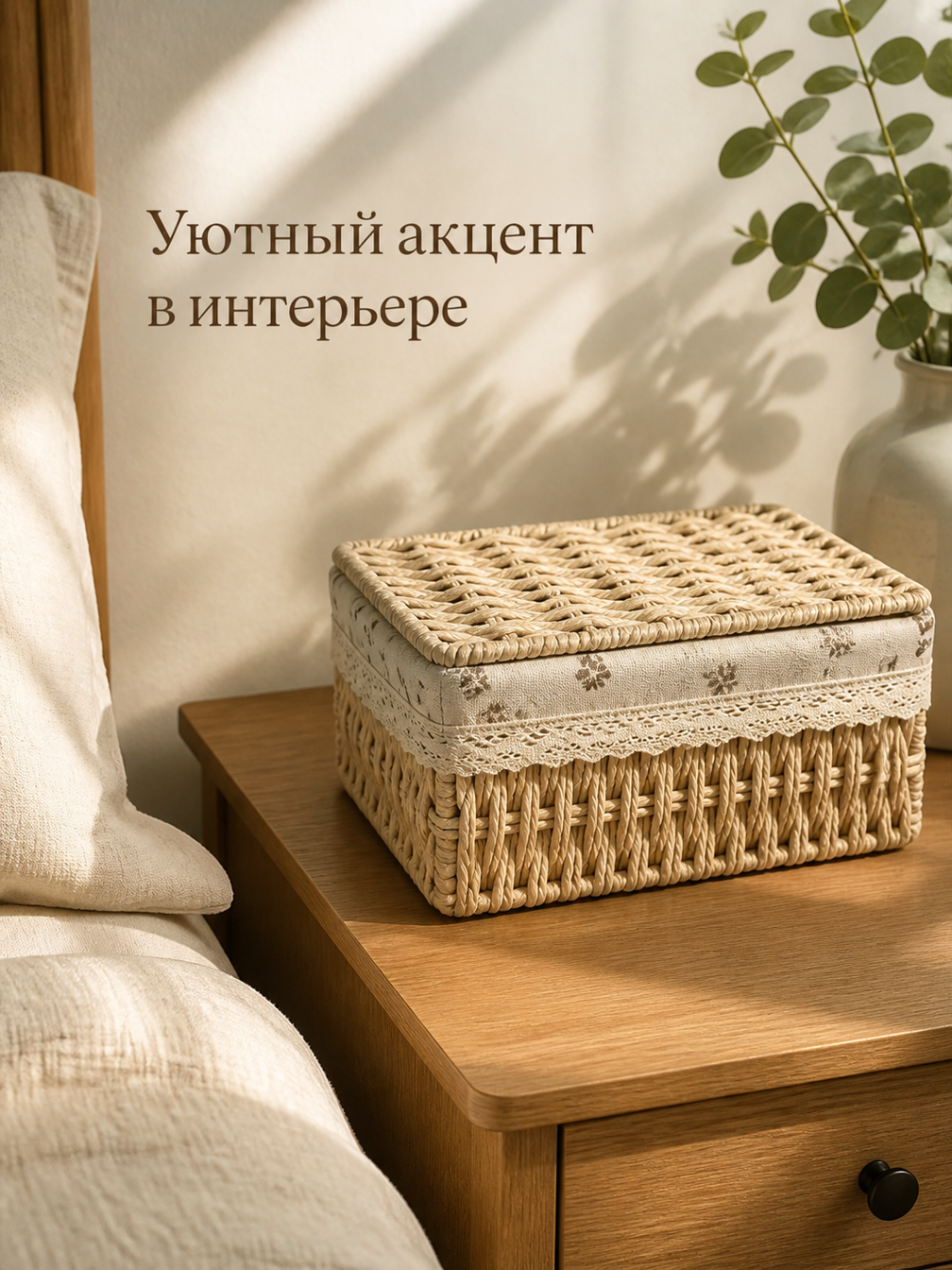Короб плетёный с крышкой, для мелочей, косметики и закусок, 18×10×12 см, бежевый, 1 шт