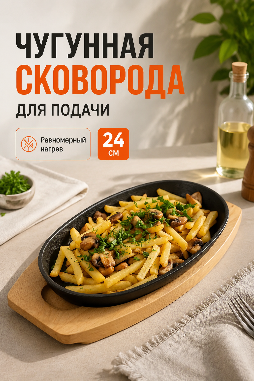 Овальная чугунная сковорода для подачи на деревянной подставке, 24 см