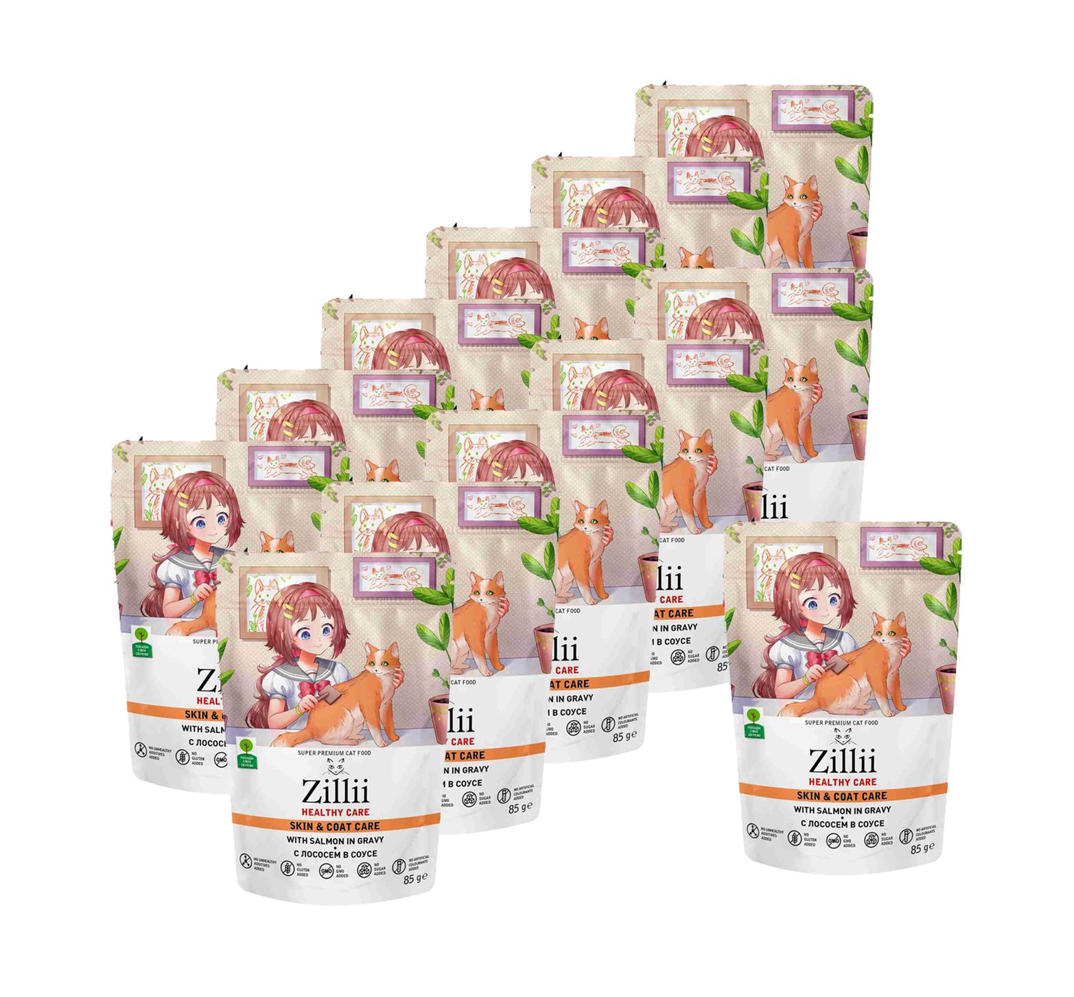 Zillii Healthy Care Skin & Coat Care влажный корм для взрослых кошек, поддержка здоровья кожи и шерсти, с лососем в соусе, в паучах - 85 г x 12 шт.