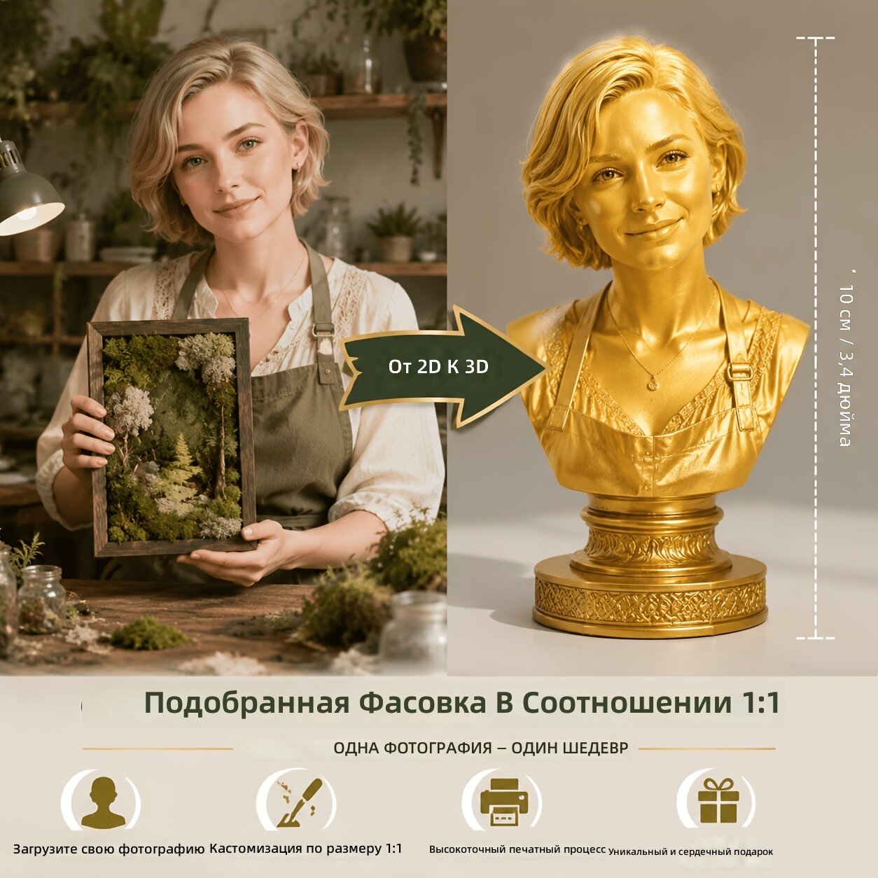 Персонализированная 3D-скульптура головы персонажа золотого цвета по фотографии 2D, реставрационная модель с плотной проработкой и гладкой поверхностью под покраску