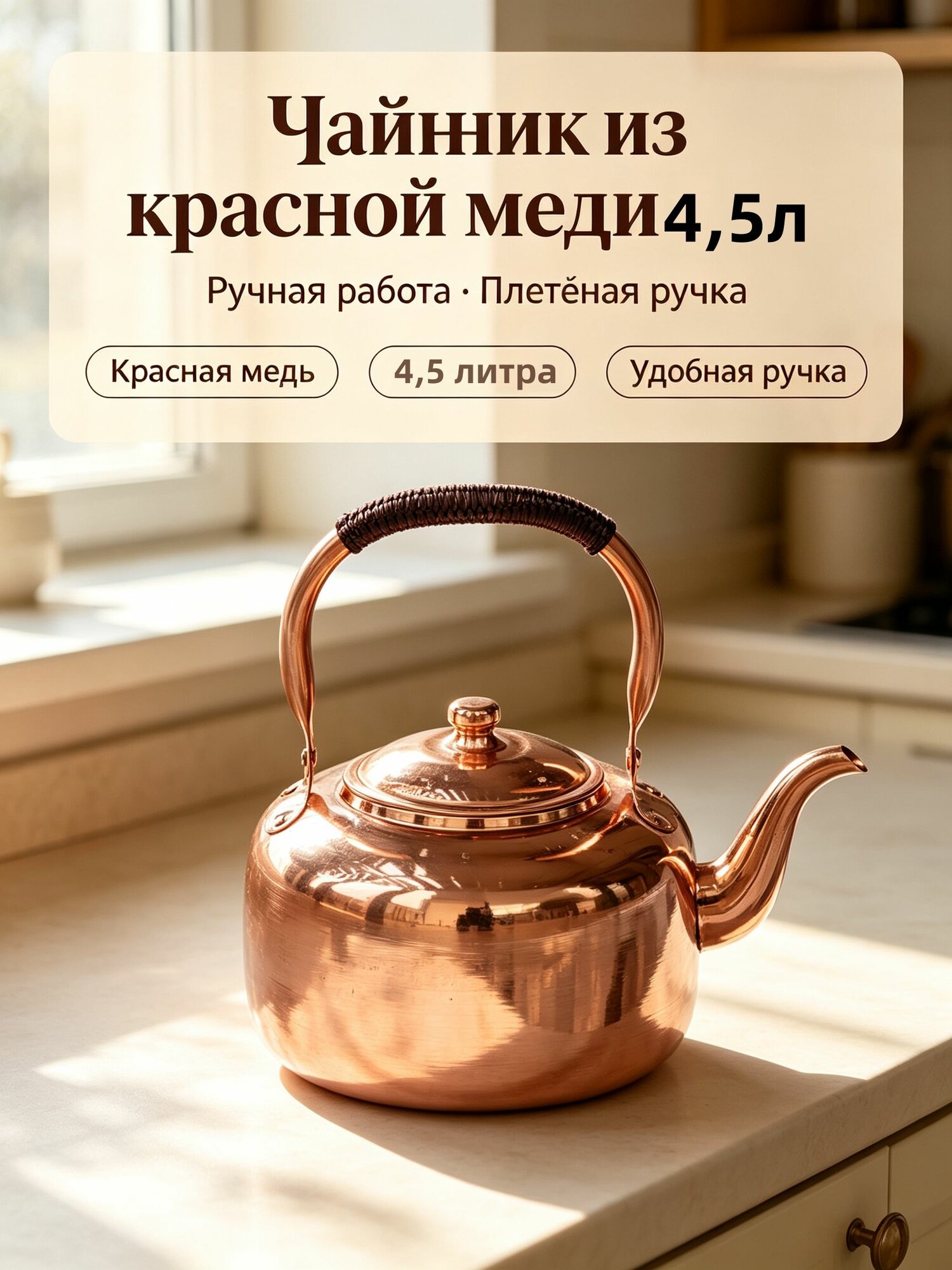 Медный чайник из красной меди 4,5 л ручной работы, плетёная ручка, для газа и открытого огня