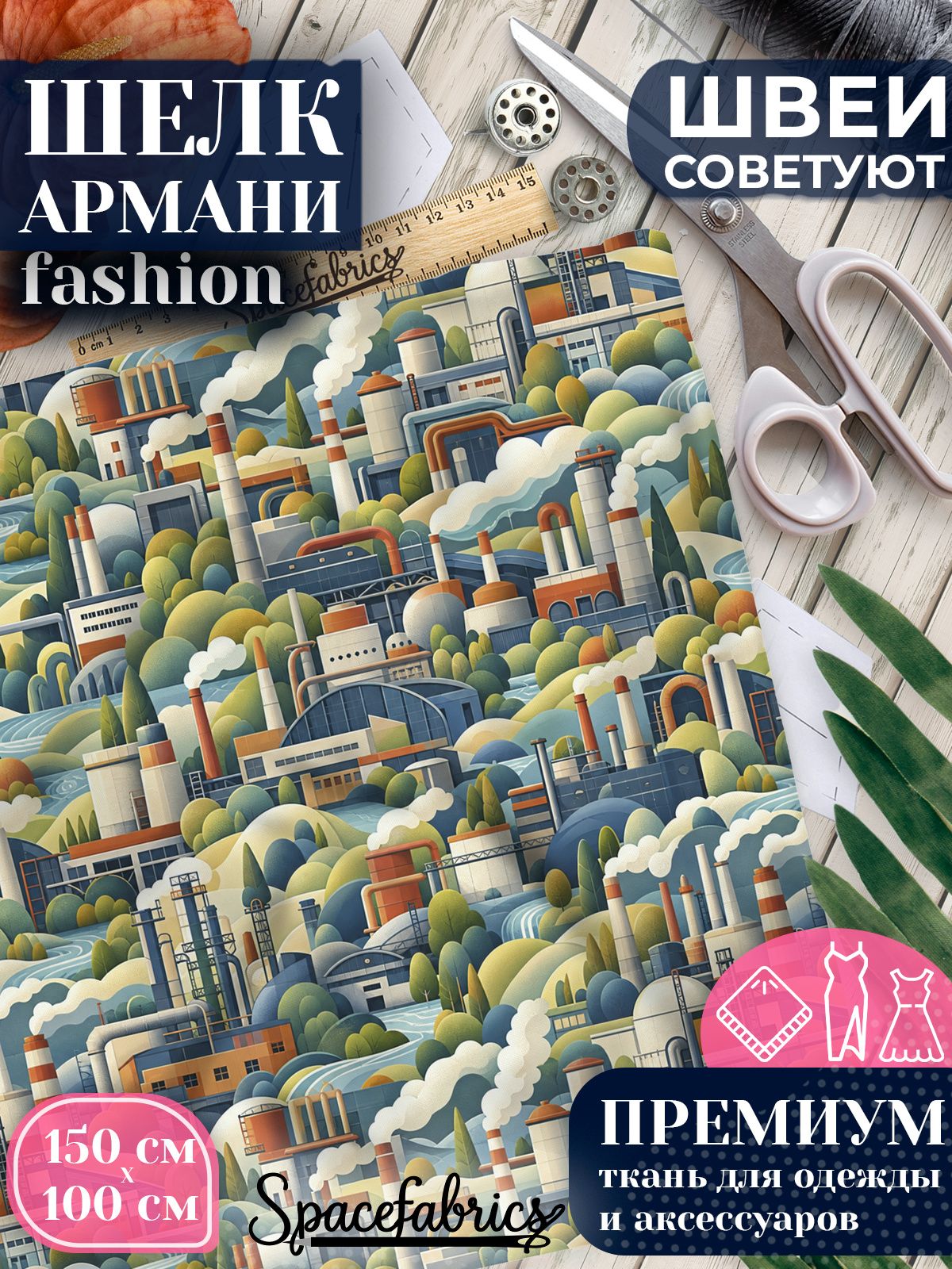 Ткань для шитья шелк Армани, искусственный шелк для костюмов, платьев, юбок с принтом Индустриальные заводи