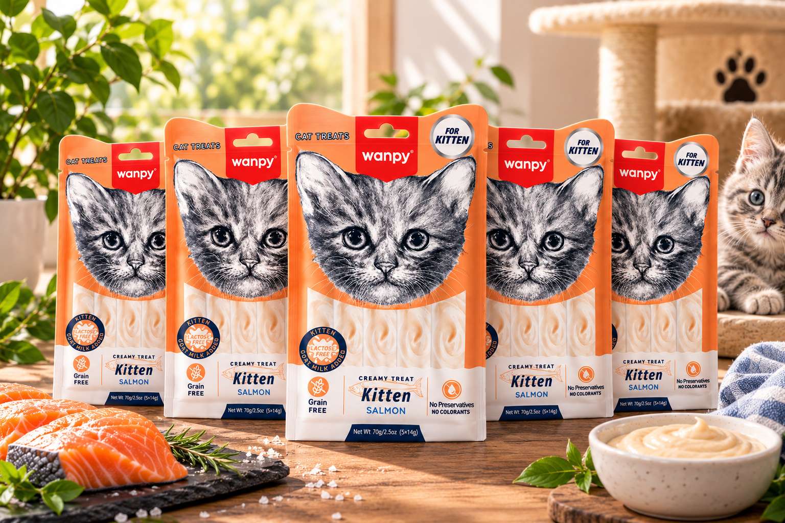 Крем - лакомство для котят Wanpy Cat Нежное пюре из лосося, 5 уп х 70 гр