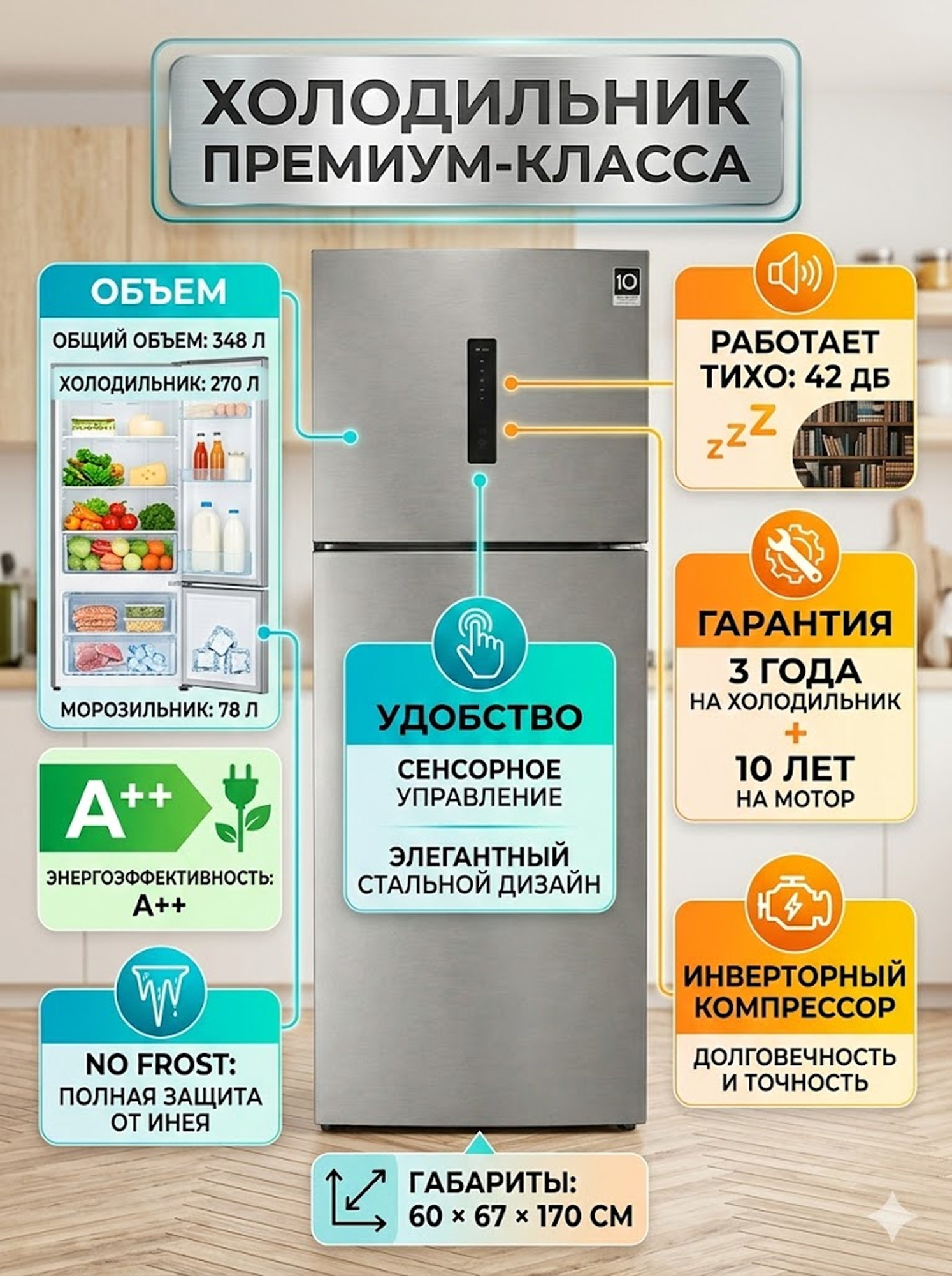 Холодильник Premier PRM-350TFNFID с No Frost и инверторным мотором, 348 л Silver