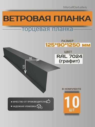 Изображение товара Ветровая планка (торцевая планка) 125х90х1250мм, RAL7024 графит, 10шт.
