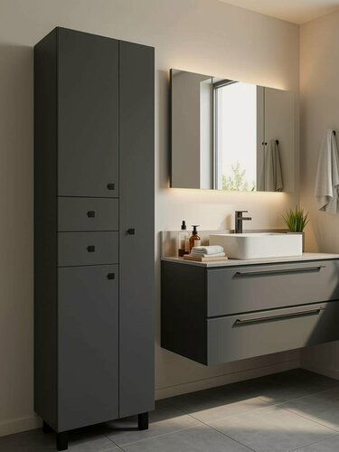 Изображение товара Шкаф-пенал в ванную напольный Руно 50, темно-серый - графит, правый