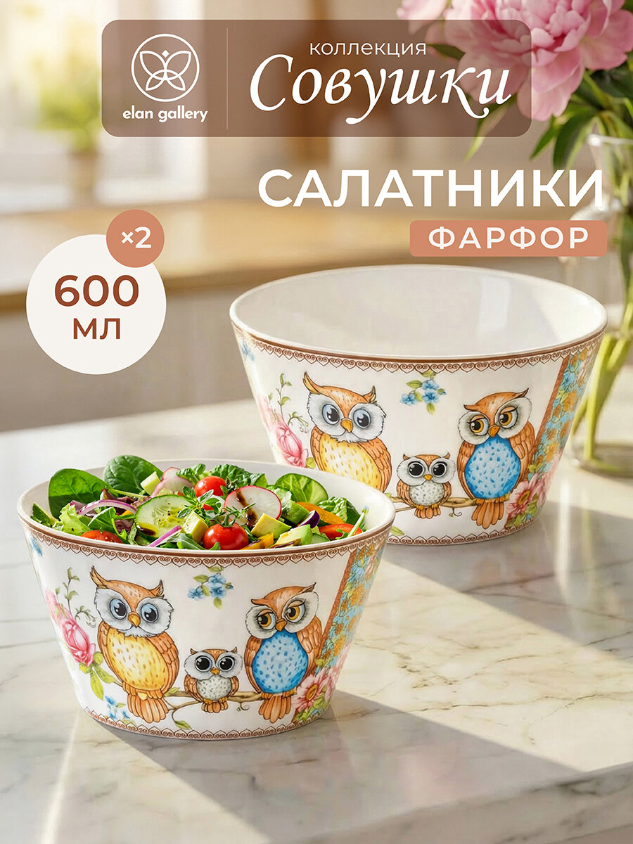 Салатник 2 шт по 600 мл Elan Gallery Совушки, 13x13x7,5 см, набор