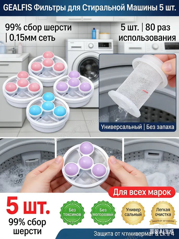 Ловец мусора для стиральной машины с шариками-5 шт