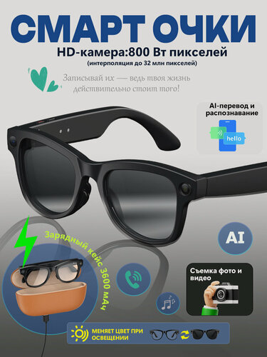 Изображение товара Очки с Камерой Sony 8 Мп, 4K Видео, SmartGlasses с ИИ и ПереводомКомплект с зарядным футляром для очков емкостью 3600 мА ч
