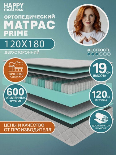 Изображение товара Матрас HAPPY MATTRESS PRIME ортопедический, пружинный, на кровать и диван, высота 19 см, 120х180 см