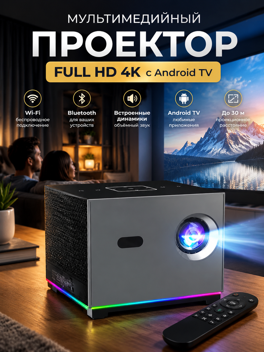 Мультимедийный проектор Full HD 4K с Android TV, Wi-Fi и Bluetooth, встроенными динамиками, черный