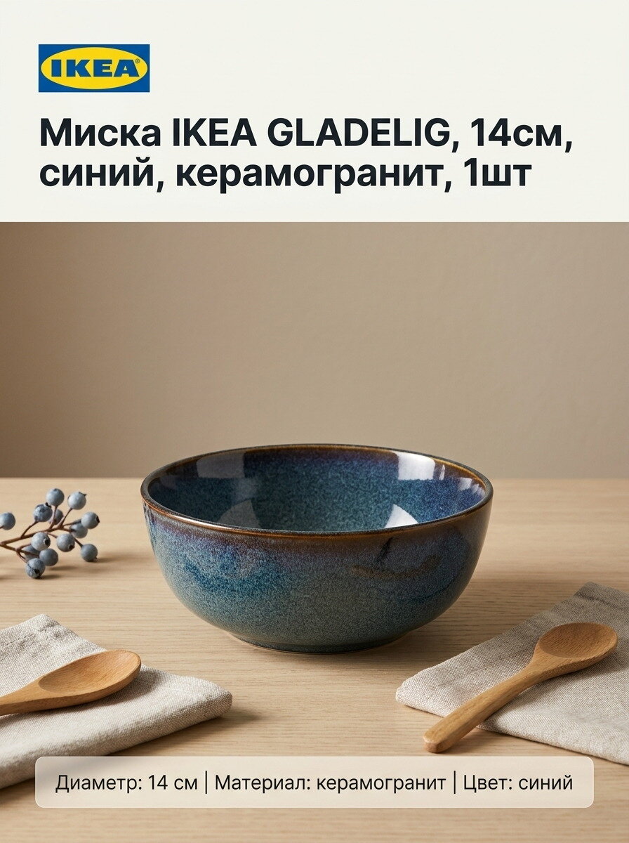 Миска IKEA GLADELIG, 14см, синий, керамогранит, 1шт