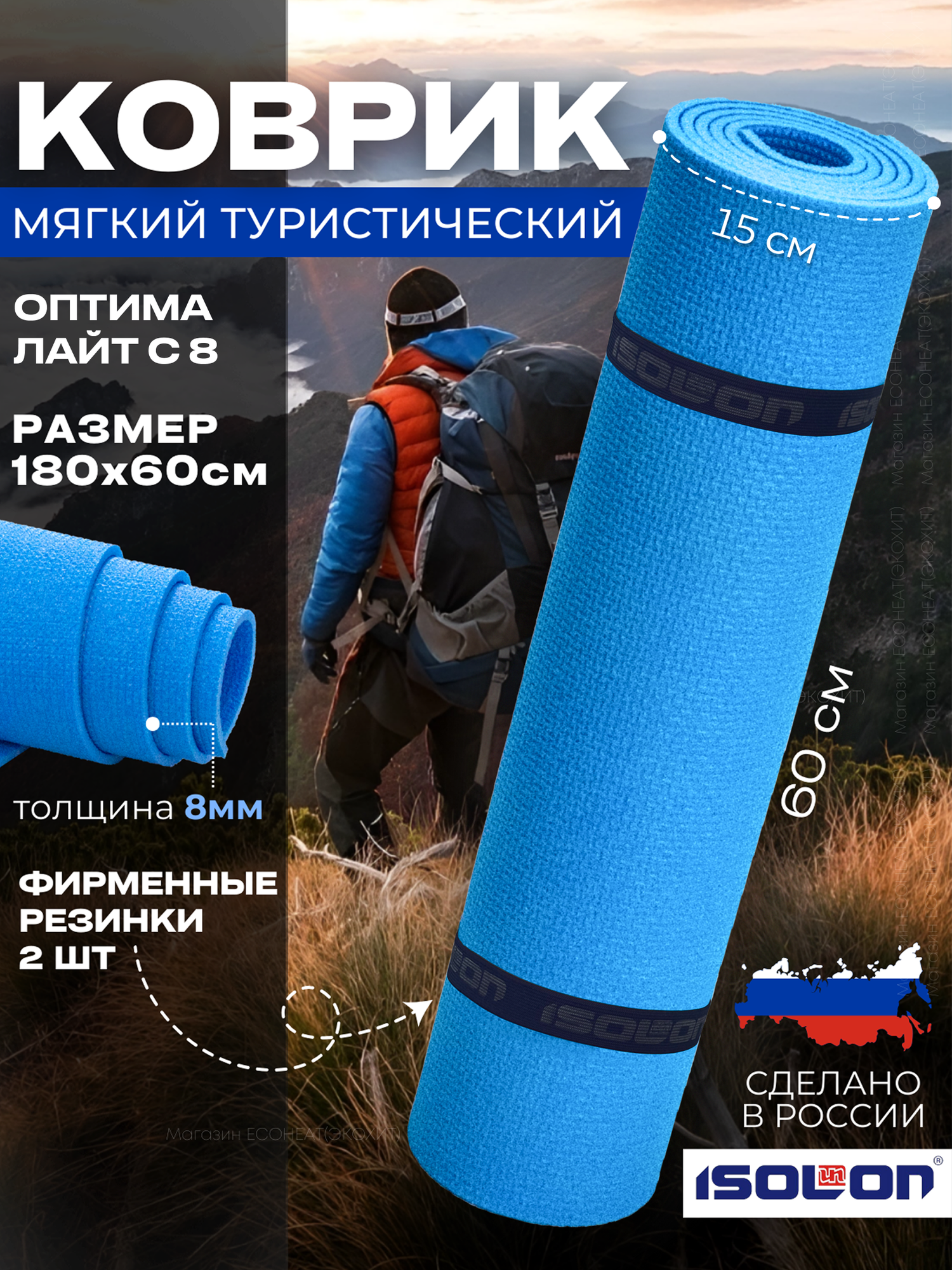 Коврик туристический оптима 8, 180х60 см синий (каремат плотный, эластичный)