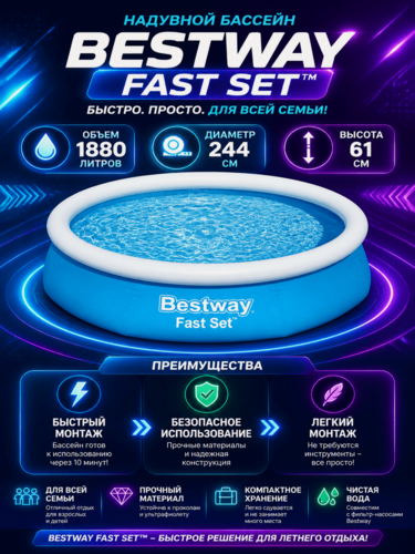 Изображение товара Бассейн надувной BESTWAY Fast Set 1880л 244х61см, Арт. 57448
