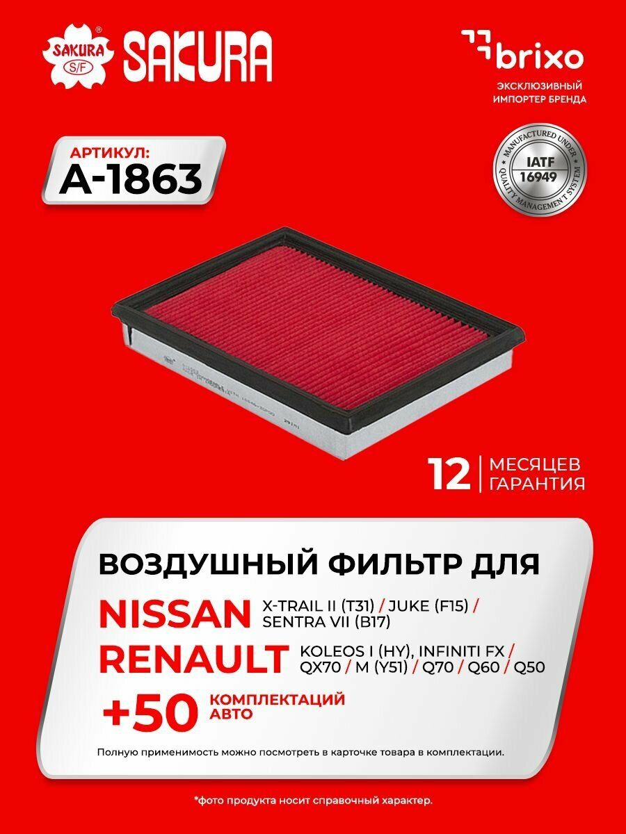 Воздушный фильтр NISSAN X-Trail II (T31) / NISSAN Juke, Honda Civic VI, RENAULT Koleos I, INFINITI FX QX70 M Q70 Q60 Q50 (ниссан Икс-Трейл Х-Трейл Джук, хонда Цивик, инфинити ФХ) SAKURA A1863