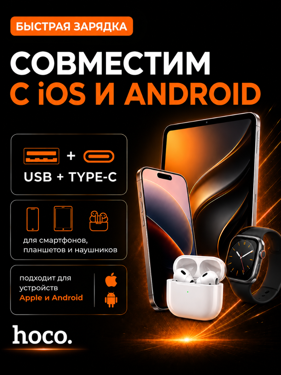 Зарядное устройство для телефона, hoco C80A, быстрая зарядка, порт Type-C PD20W и USB-A QC3.0, без кабеля — фото 4
