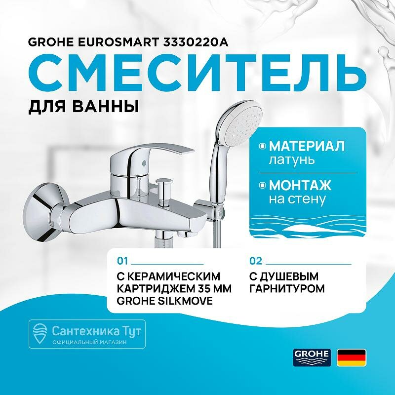 Смеситель для ванны Grohe Eurosmart 3330220A хром, рычажное управление, латунь