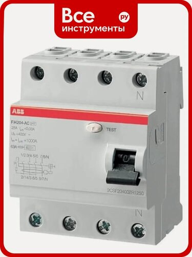 Изображение товара Выключатель дифференциального тока ABB 4 модуля FH204 AC-25/0,3 2CSF204003R3250, модуль DIN, защита IP20, рабочий