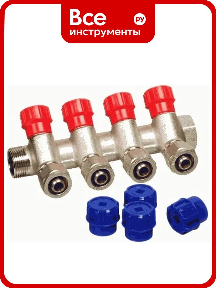 Коллектор для металлопластиковой трубы Terma 3/4" г/ш с 4-мя вент. кранами, конус