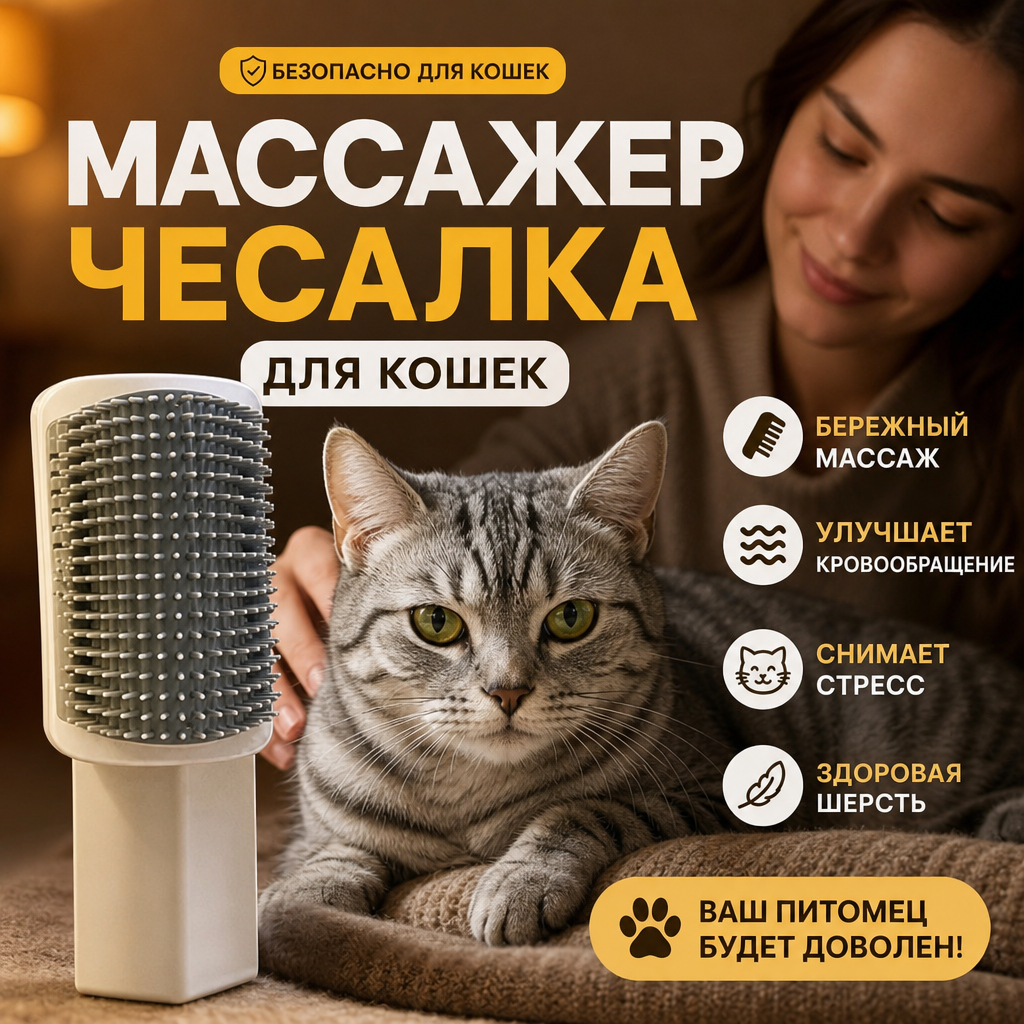 Профессиональная щетка для груминга кошек, массажный эффект