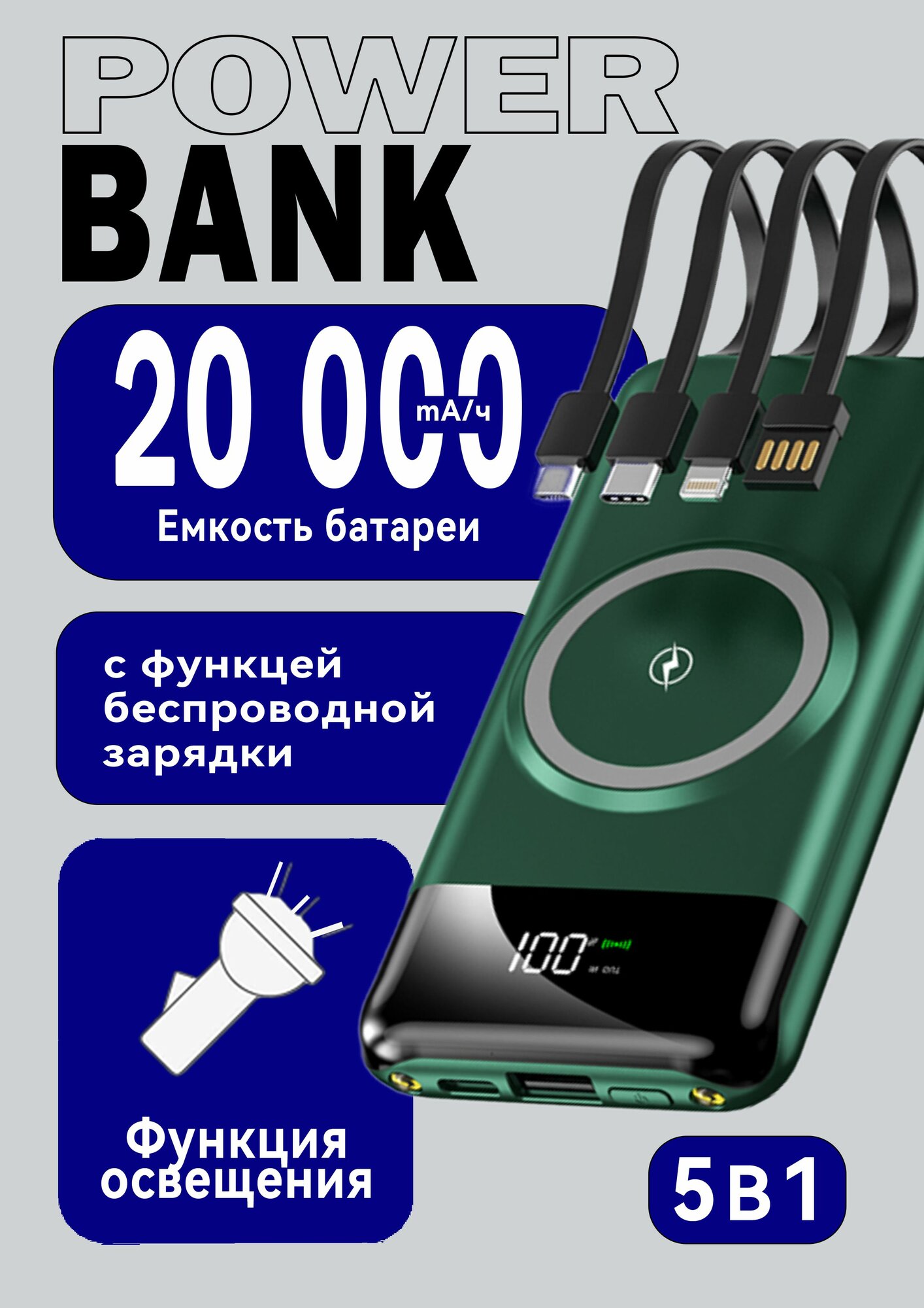 Повербанк с беспроводной зарядкой / powerbank 20000mah / внешний аккумулятор