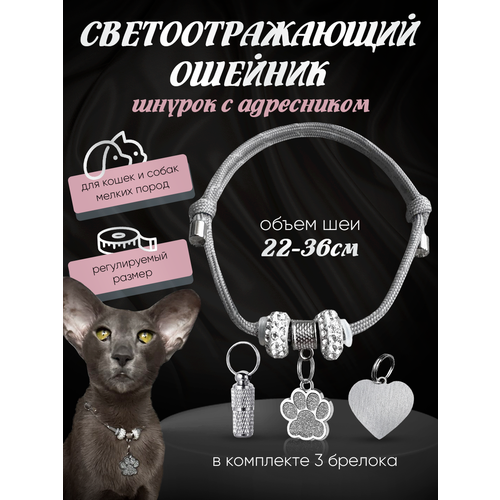 фото Ошейник для кошек и собак с адресником светоотражающий серый балуем котика