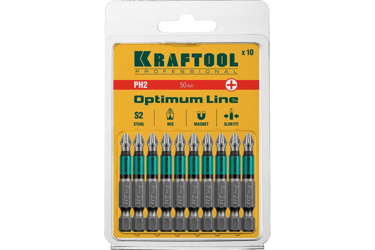 Биты Optimum Line, PH2, 50 мм, тип хвостовика E 1/4, KRAFTOOL {26122-2-50-10} (10 шт/упак)