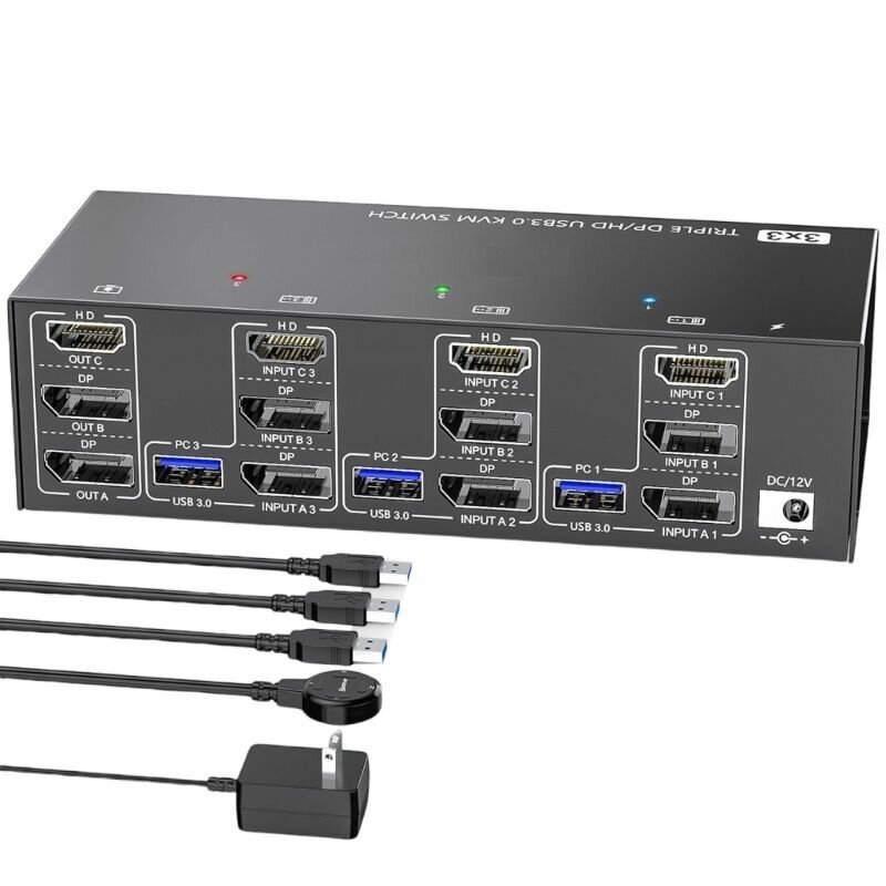 (1 комплект) Переключатель KVM303DH с тремя входами и тремя выходами Переключатель USB 3.0-штекер стандарта США