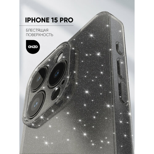 фото Чехол на iphone 15 pro / айфон 15 про тонкий, темно-прозрачный с серебристыми блестками onzo