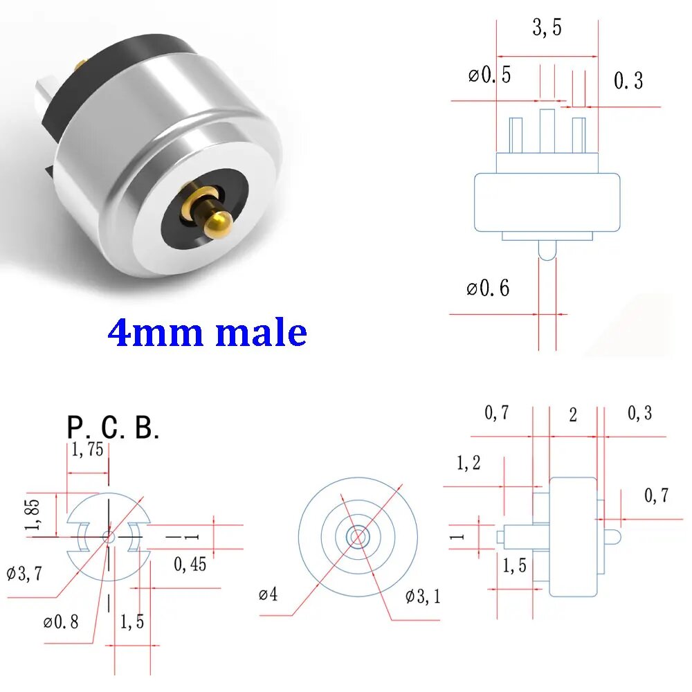 Магнитный разъем Pogo Pin 4-10 мм, 2A 12V 4mm male