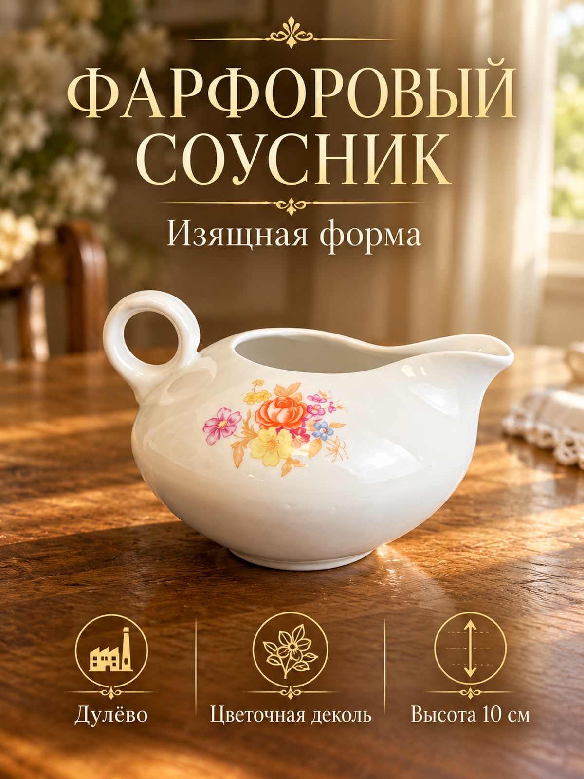 Соусник фарфоровый красивой формы с цветочной деколью Дулево ФЗ винтаж СССР 1966 год