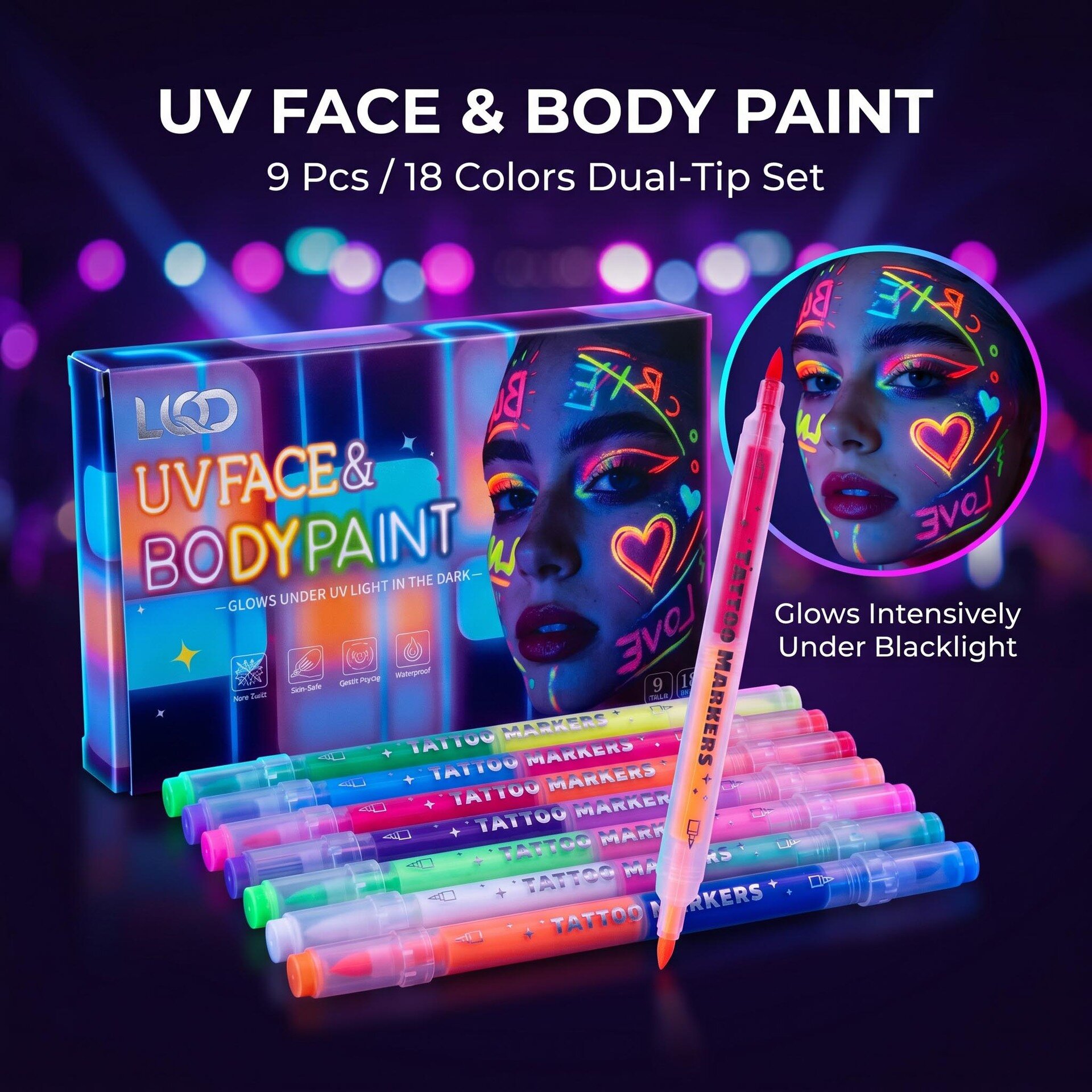 18 Цветов Двухсторонняя Двухцветная Светящаяся UV Краска для Рисования на Лице и Теле, Маркер для Телесного Арт