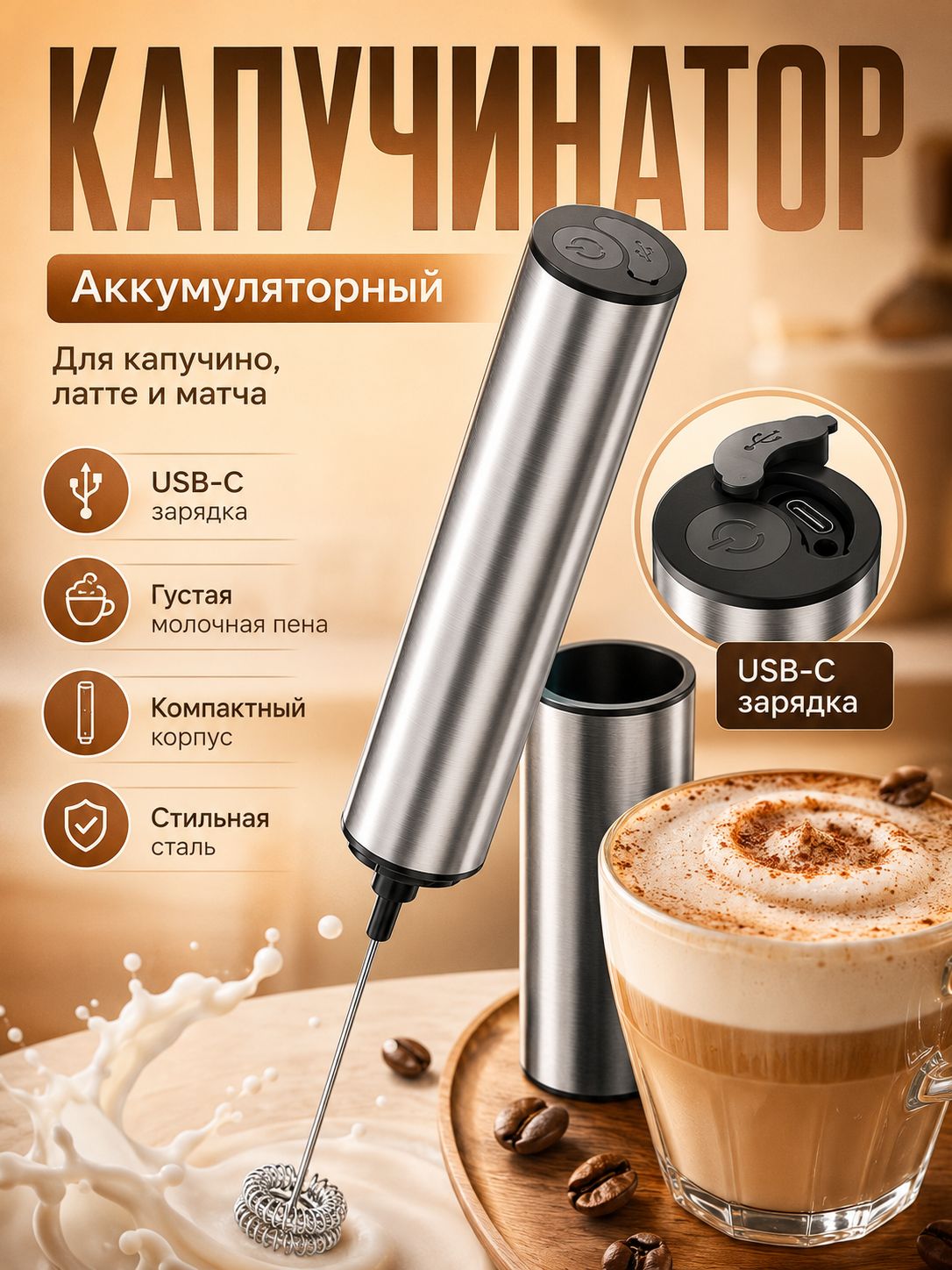 Капучинатор ручной электрический аккумуляторный USB