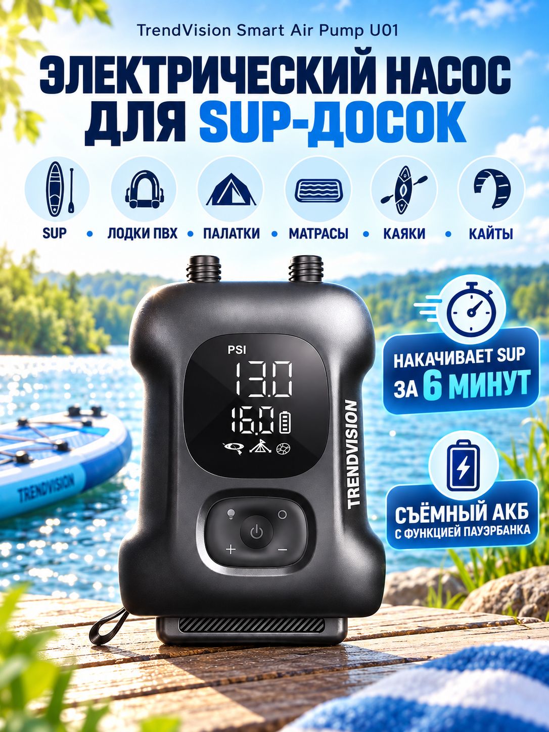 Электрический аккумуляторный насос для SUP-досок и лодок ПВХ TrendVision Smart Air Pump U01, 20 PSI, 210 л/мин, автоотключение