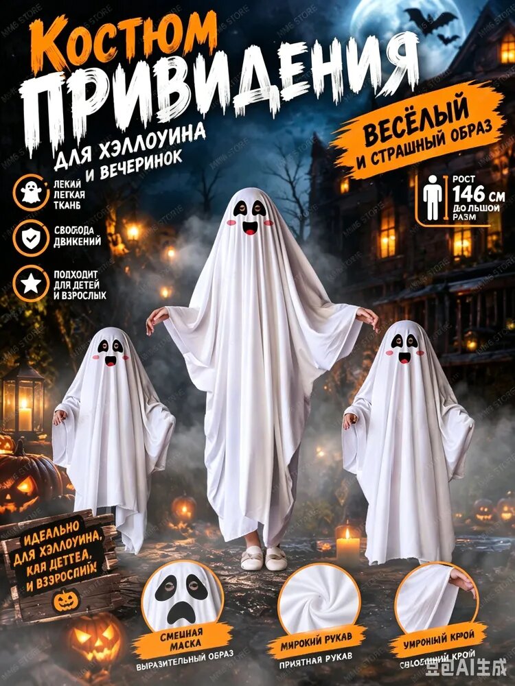 Костюм привидения на Хэллоуин для детей и взрослых, карнавальный наряд призрака для вечеринки, косплея и праздничных мероприятий