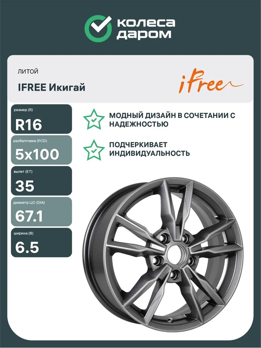 Диски автомобильные литые IFREE Икигай R16x6.5 5x100 ET35 D67.1 Серый