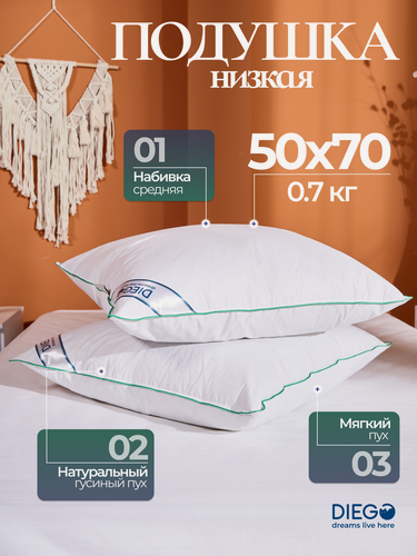 Изображение товара Подушка 50х70 для сна на спине и животе низкая пух перо гусь ткань хлопок легкая мягкая пышная как облачко Летний сон от DIEGO