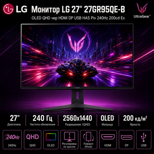 Изображение товара Монитор LG 27" 27GR95QE-B OLED QHD чер HDMI DP USB HAS Piv 240Hz 200cd Ex