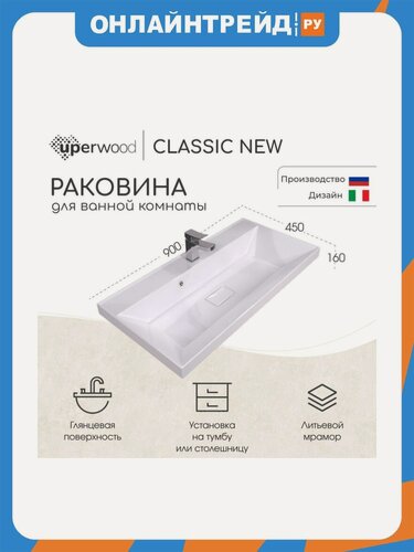 Изображение товара Uperwood Раковина для ванной Classic New 90х45х16,3 см, белая глянцевая, с накладкой для слива