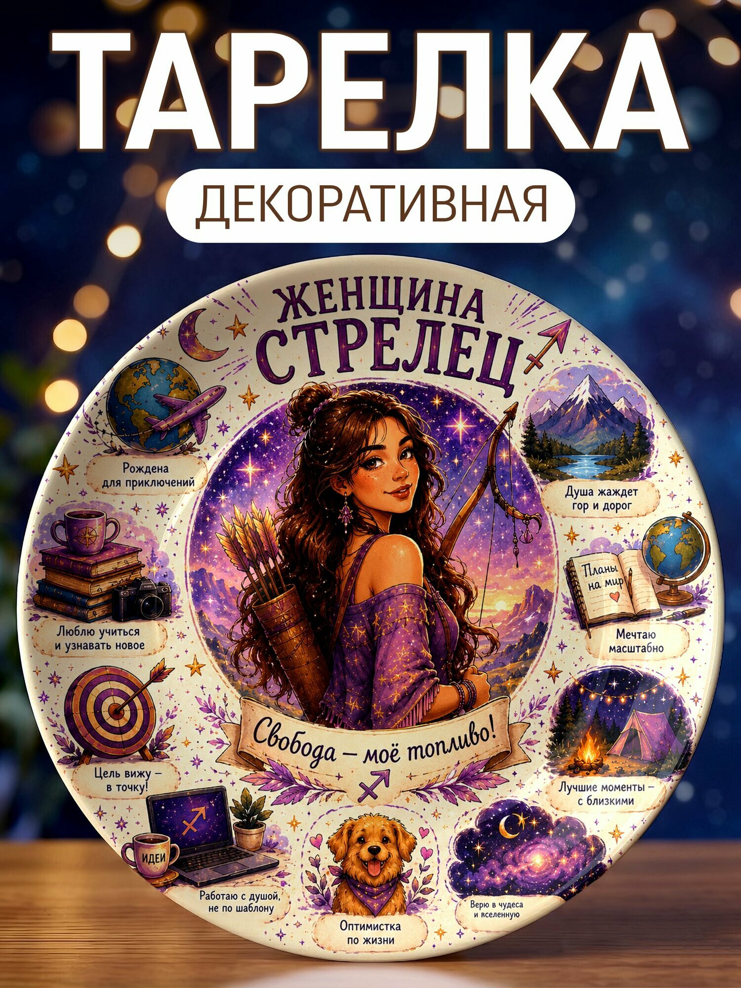 Тарелка декоративная Знак Зодиака Стрелец Женщина, керамика, диаметр 20 см, на подставке, 1 шт.