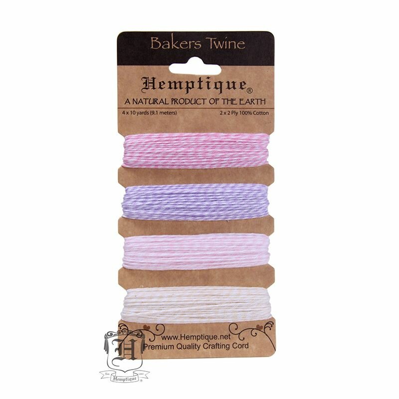 Шнур HEMPTIQUE "Bakers Twine", 2х2 нити, 1 мм, 4 цвета по 9 м, оттенки Фламинго, на блистере