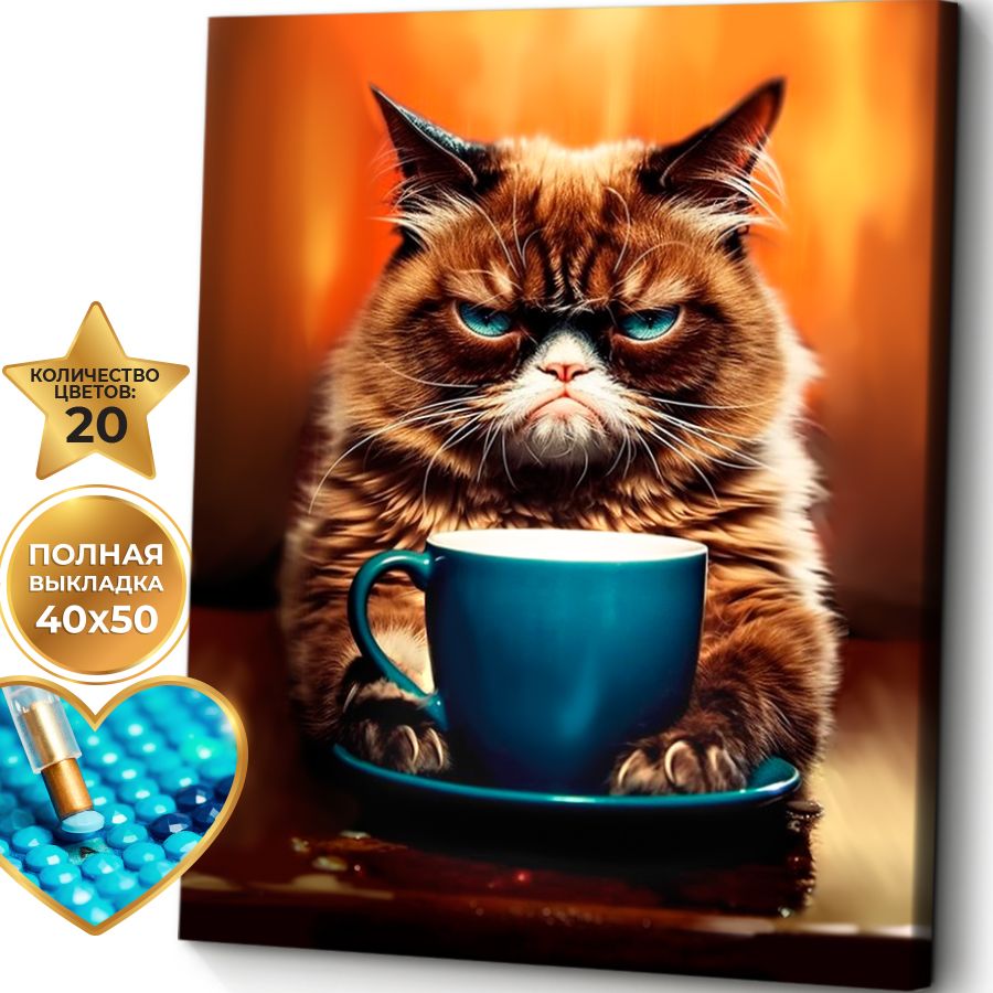 Алмазная мозаика холст на подрамнике 40х50 "Не выспался кот, кошечка, кошка" / Картина алмазная стразами